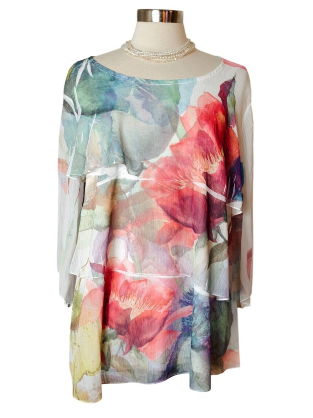 Cal Style Womens XL Tunic Top Watercolor Floral Layered Sheer Chic Boho Coquette